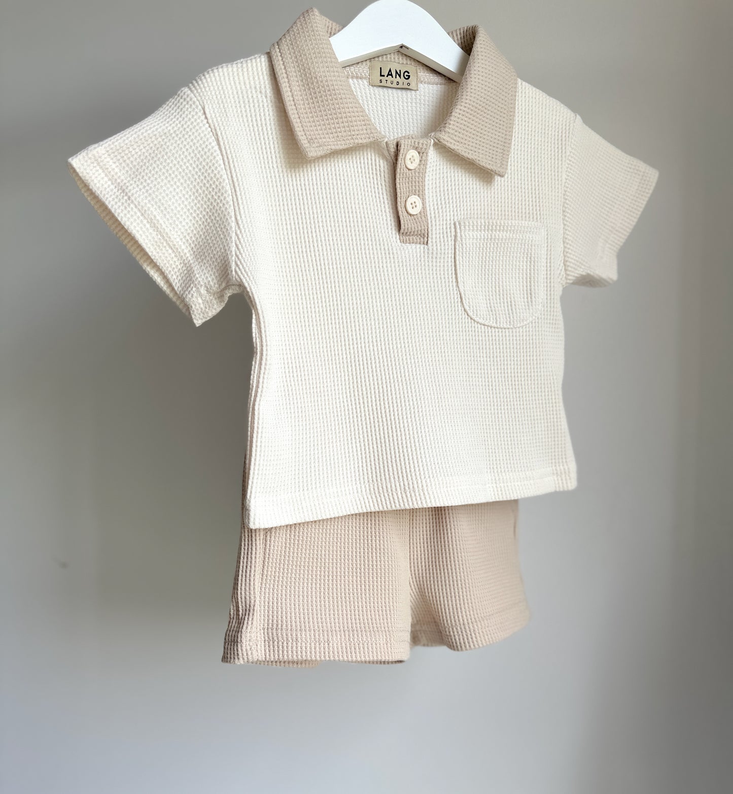 KIDS WAFFLE POLO AND SHORTS CO-ORD SET - MODERN BEIGE