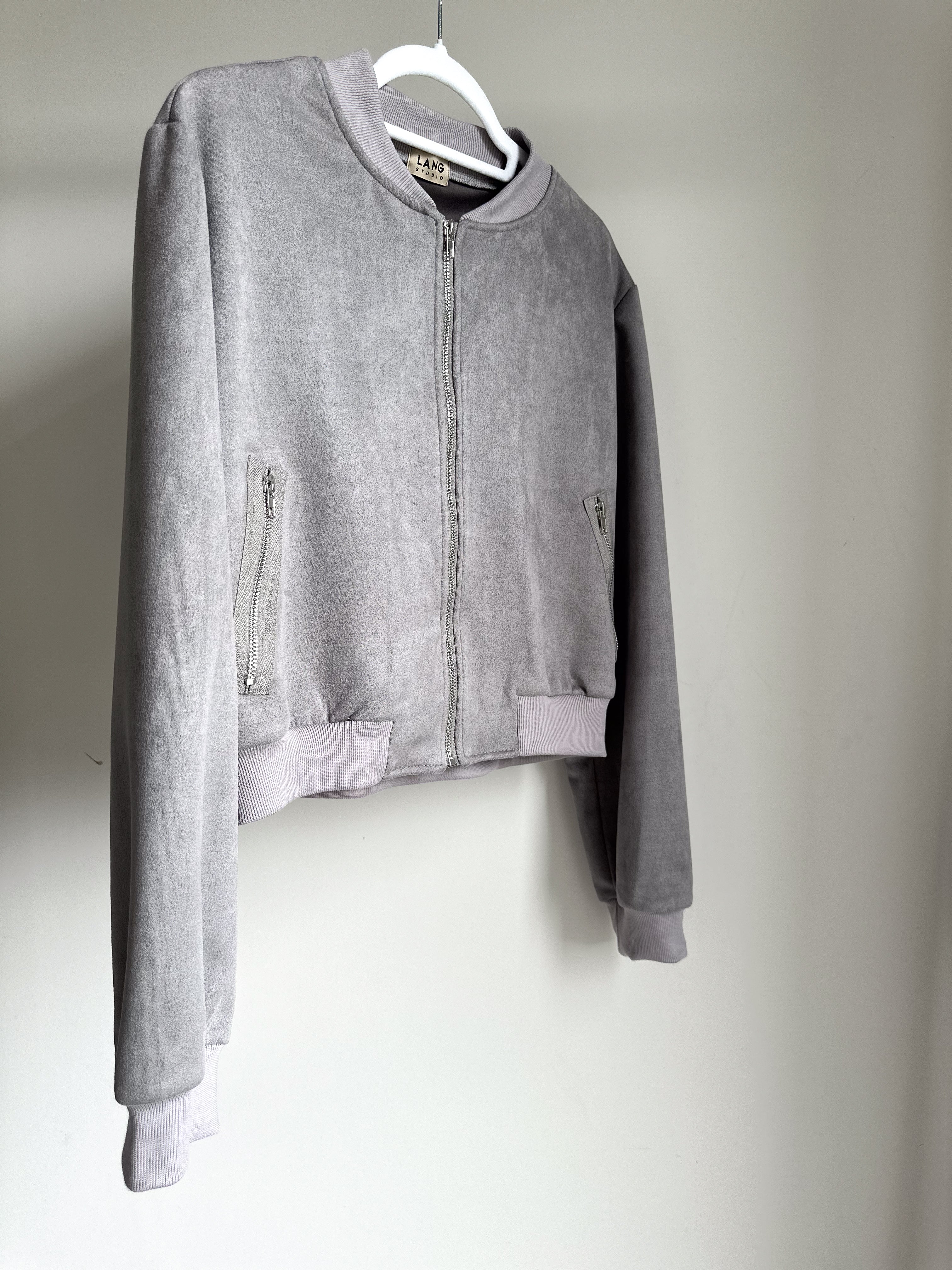 WOMENS VEGAN SUEDE ZIP UP BOMBER JACKET DOVETAIL GREY