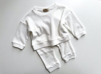 KIDS WAFFLE BOXY SWEATSHIRT AND JOGGER CO-ORD SET - BLANC WHITE