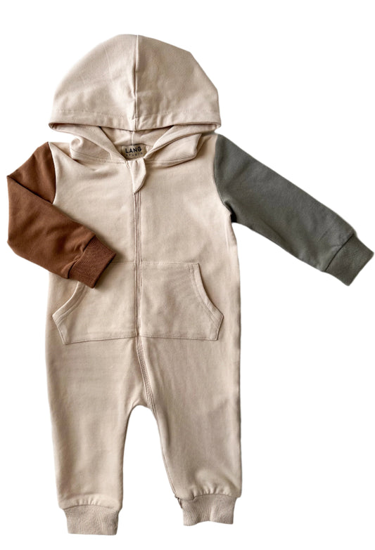 KIDS COLOUR BLOCK HOODED SWEAT ROMPER - EARTH TONES