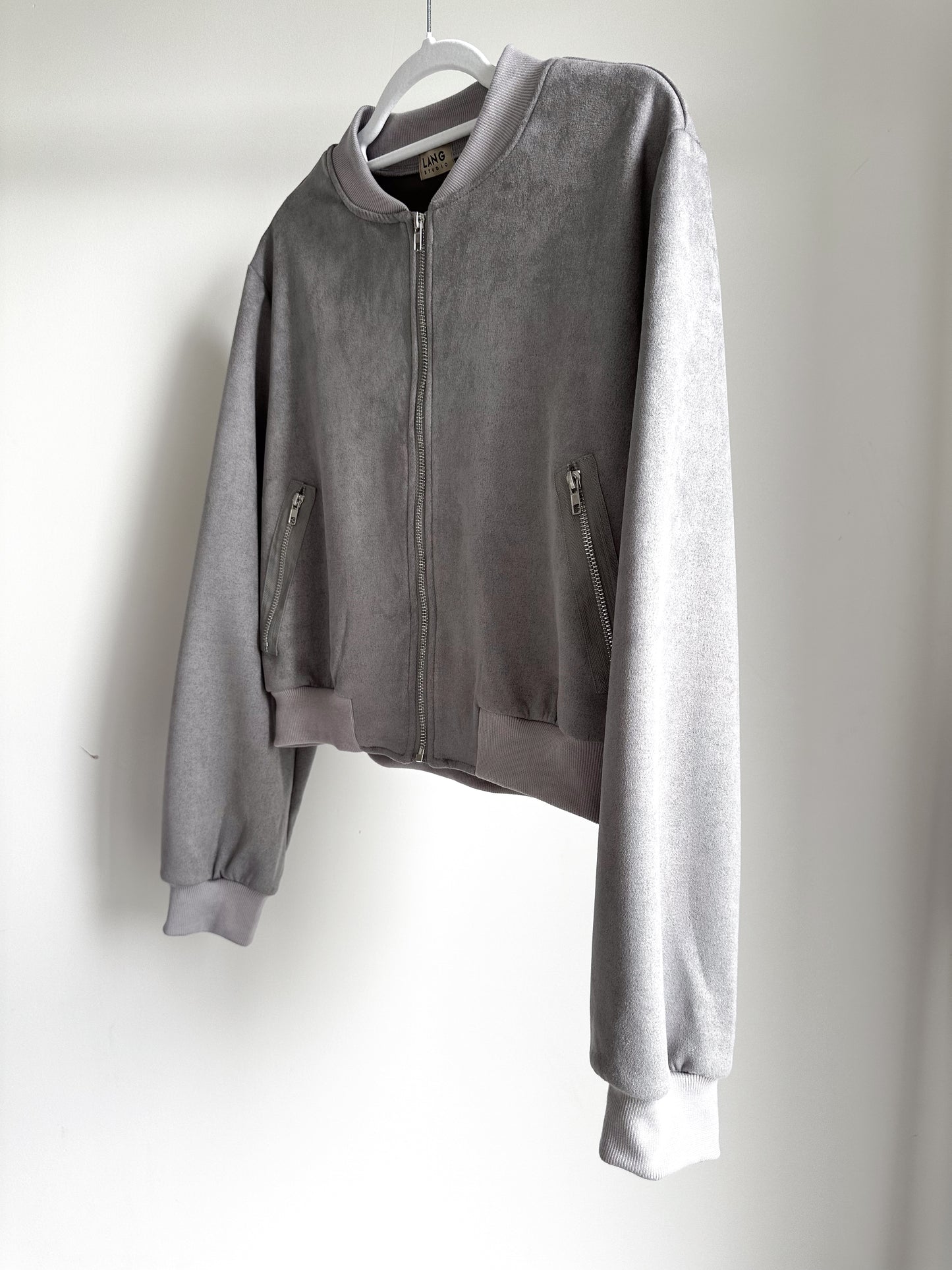 WOMENS VEGAN SUEDE ZIP UP BOMBER JACKET - DOVETAIL GREY