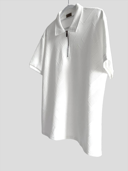 MENS TEXTURED PATTERN ZIP COLLAR POLO SHIRT - BLANC WHITE