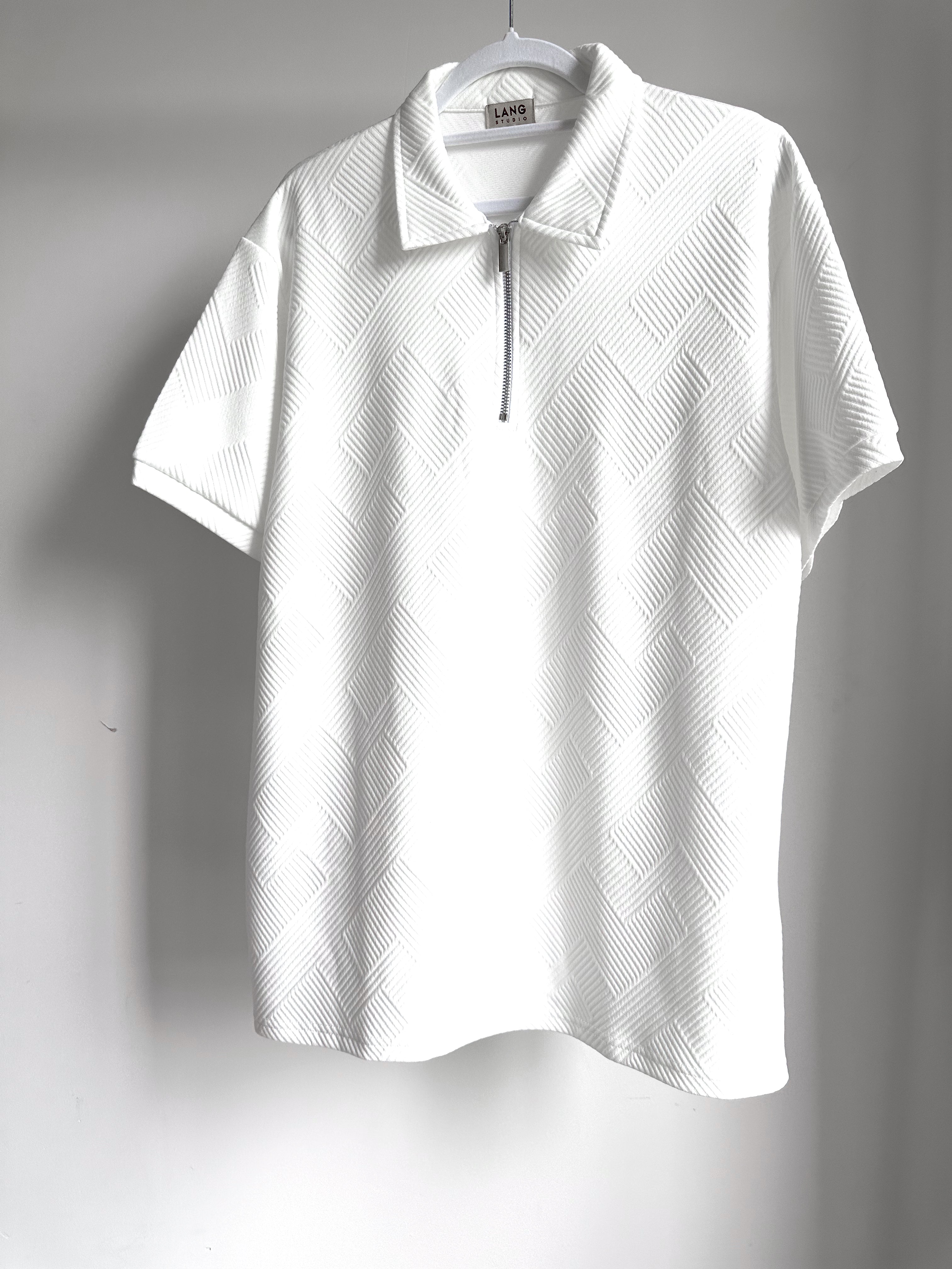 MENS TEXTURED PATTERN ZIP COLLAR POLO SHIRT BLANC WHITE