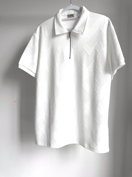 MENS TEXTURED PATTERN ZIP COLLAR POLO SHIRT - BLANC WHITE