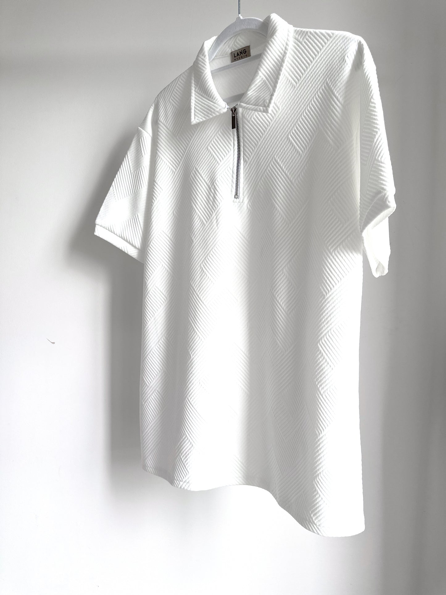 MENS TEXTURED PATTERN ZIP COLLAR POLO SHIRT - BLANC WHITE