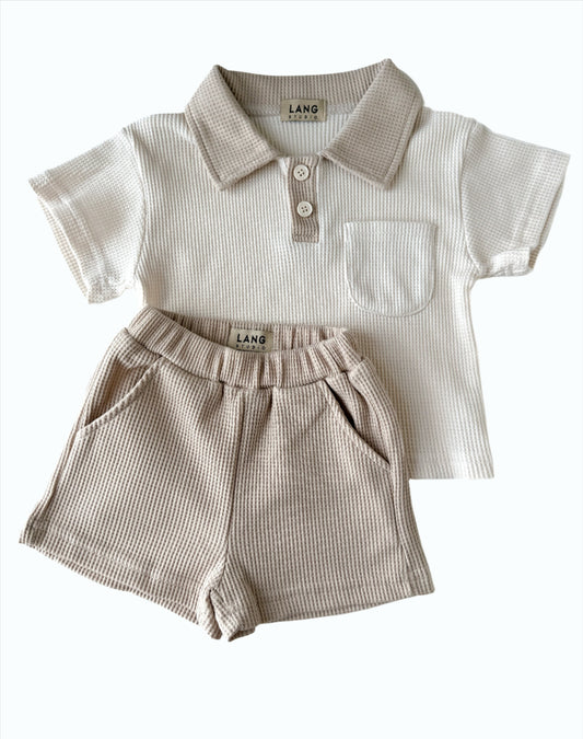 KIDS WAFFLE POLO AND SHORTS CO-ORD SET - MODERN BEIGE