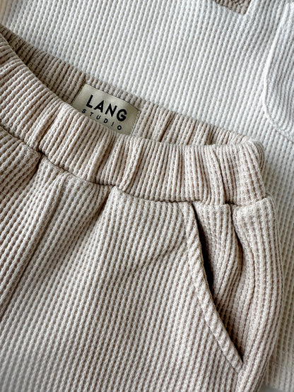 KIDS WAFFLE POLO AND SHORTS CO-ORD SET - MODERN BEIGE