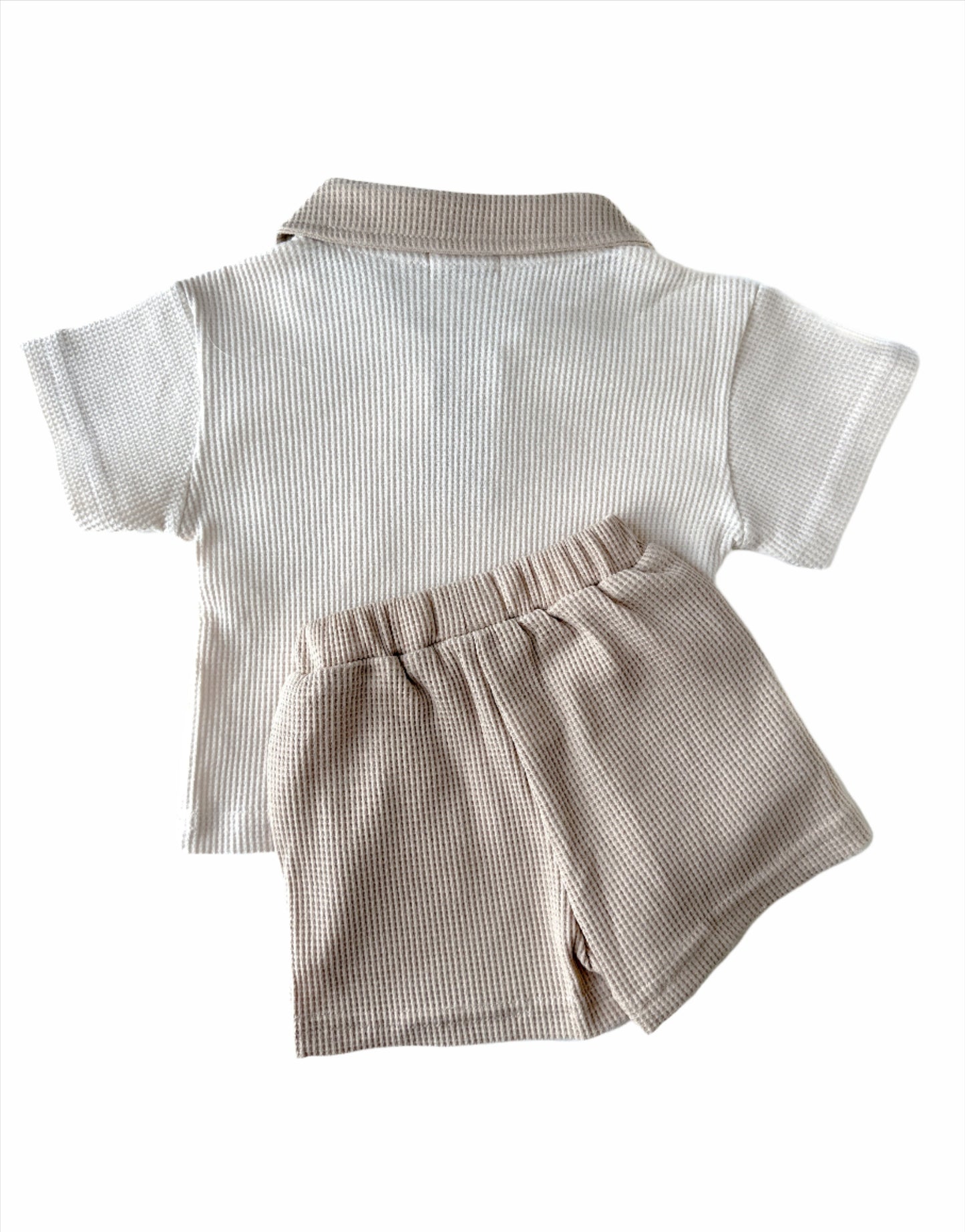 KIDS WAFFLE POLO AND SHORTS CO-ORD SET - MODERN BEIGE