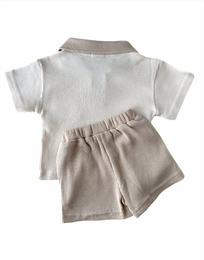 KIDS WAFFLE POLO AND SHORTS CO-ORD SET - MODERN BEIGE