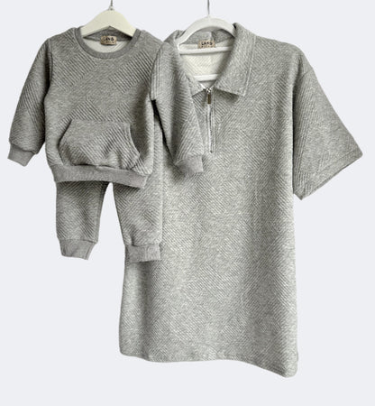 MENS TEXTURED PATTERN ZIP COLLAR POLO SHIRT - STORM GREY