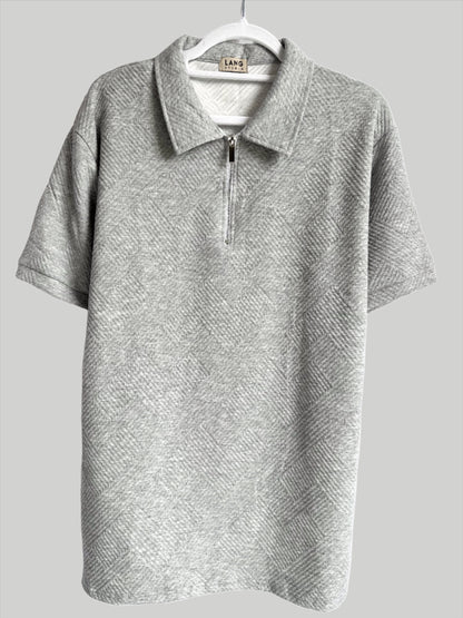 MENS TEXTURED PATTERN ZIP COLLAR POLO SHIRT - STORM GREY